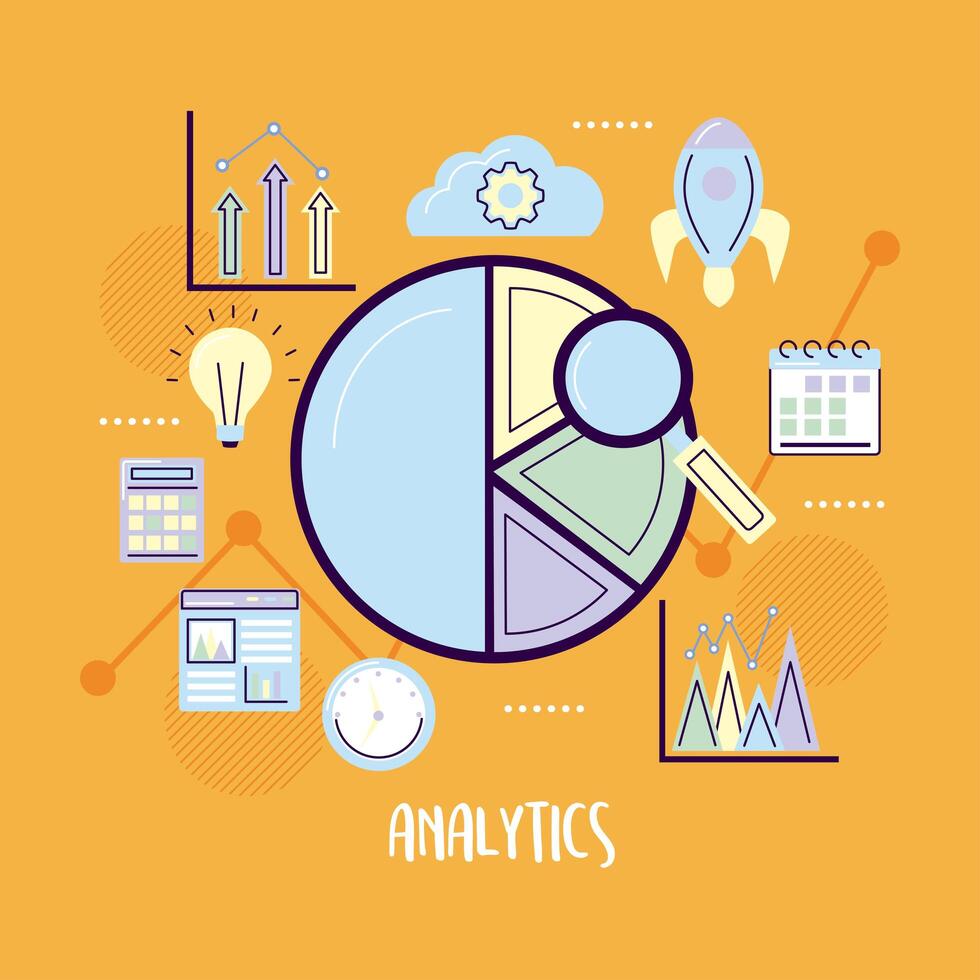 pie chart with loupe and icons vector
