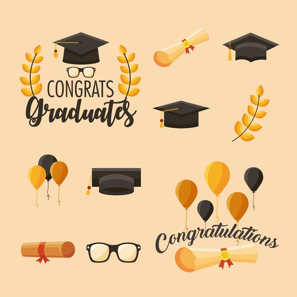 once felicitaciones graduados iconos vector