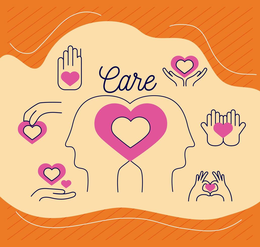 heart between heads with care icons vector