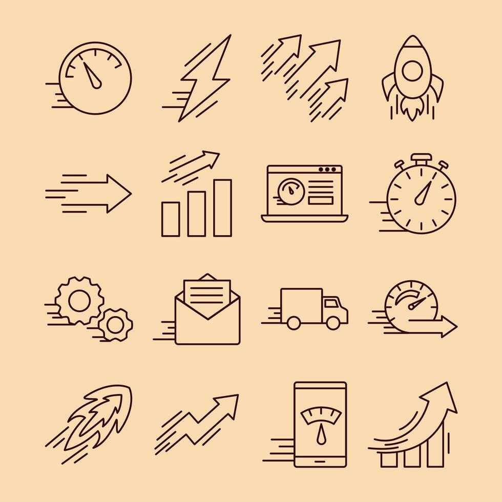 sixteen speed line style icons vector