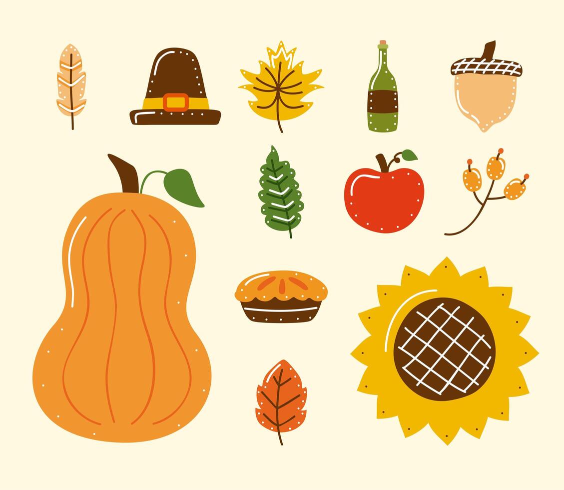 twelve thanksgiving celebration icons vector