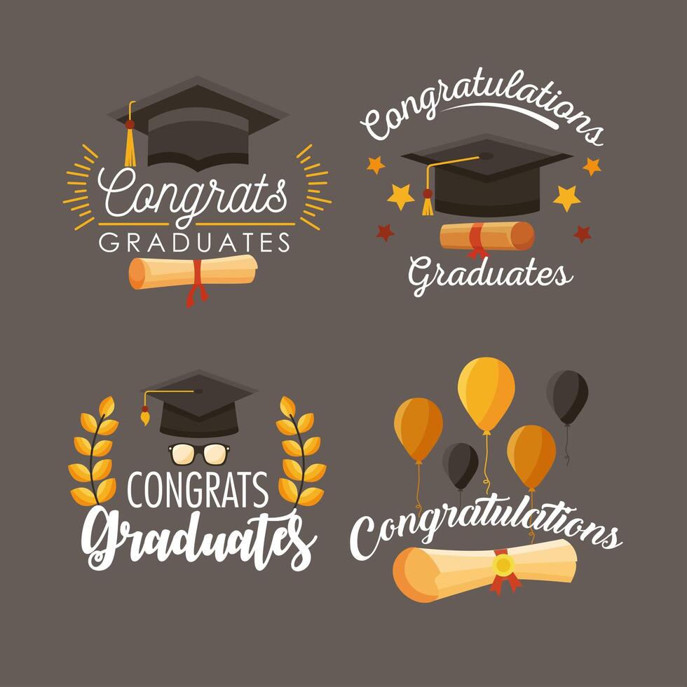 four congrats graduates icons vector