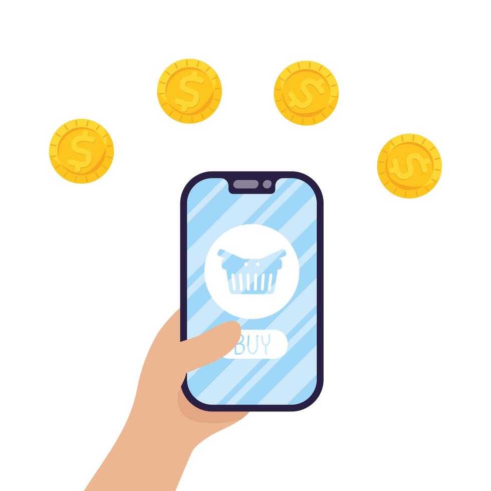 smartphone with shopping basket and coins vector