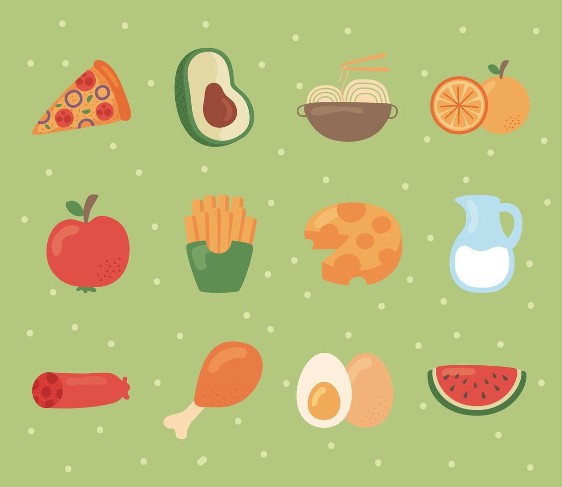 twelve food nutritive icons vector