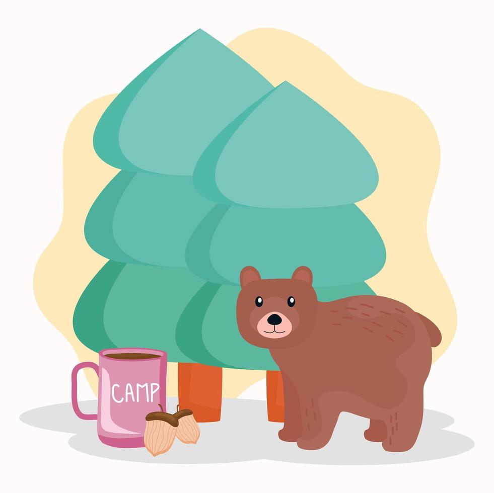 oso grizzly con pinos escena de árboles vector