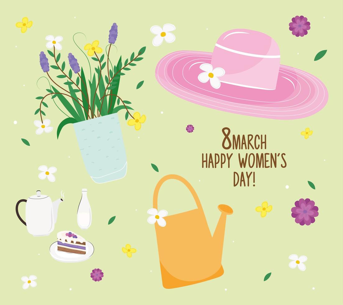 happy womens day lettering card with set icons vector