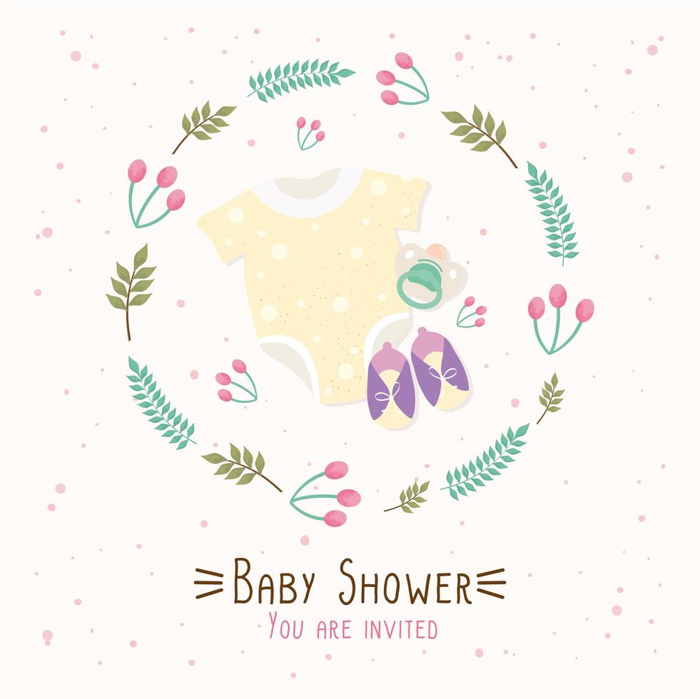 baby shower lettering card with clothes and shoes vector