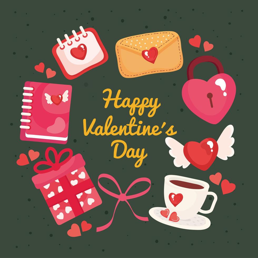 paquete de ocho feliz día de san valentín establecer iconos y letras vector