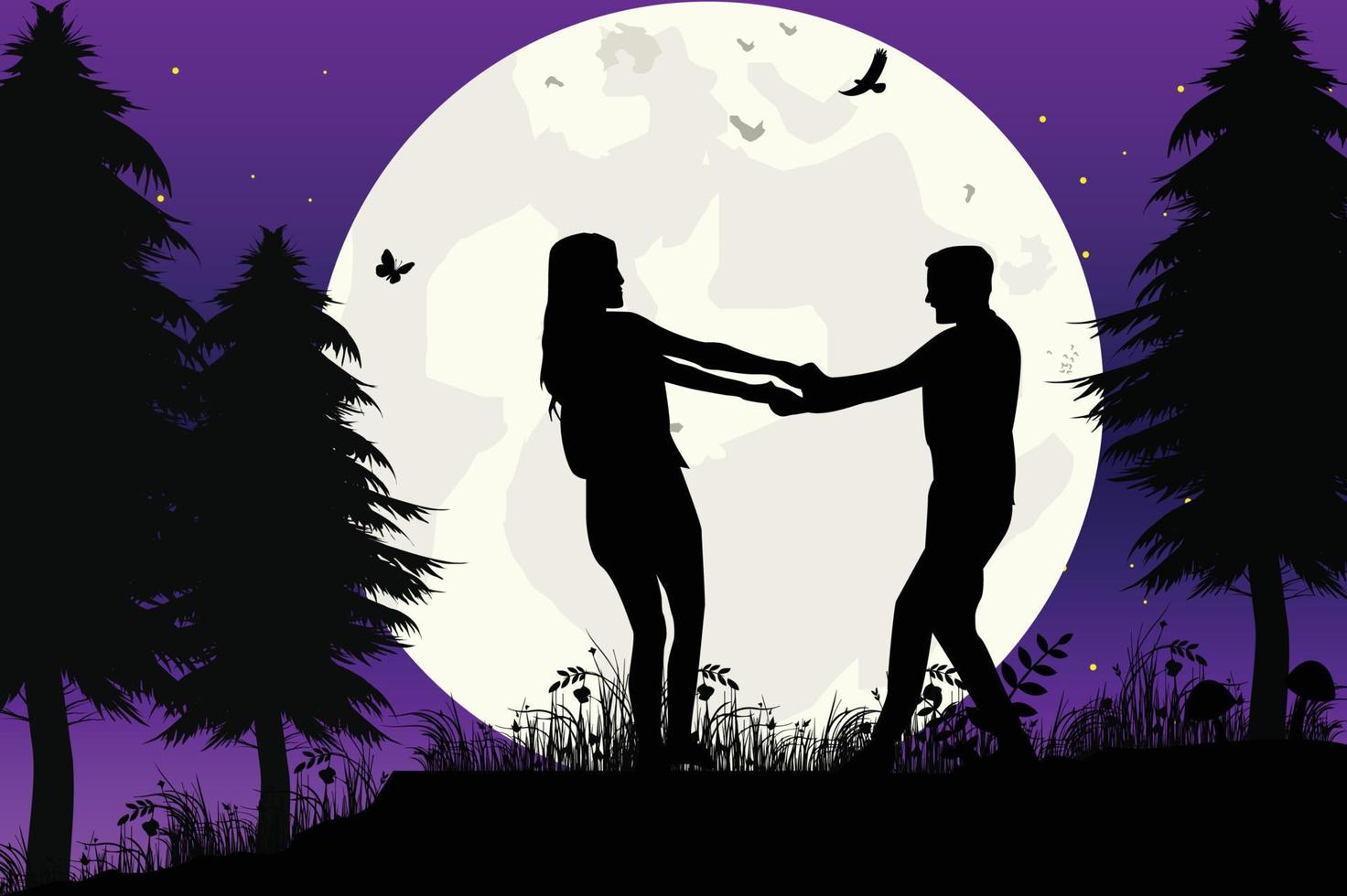 cute couple fall in love silhouette vector