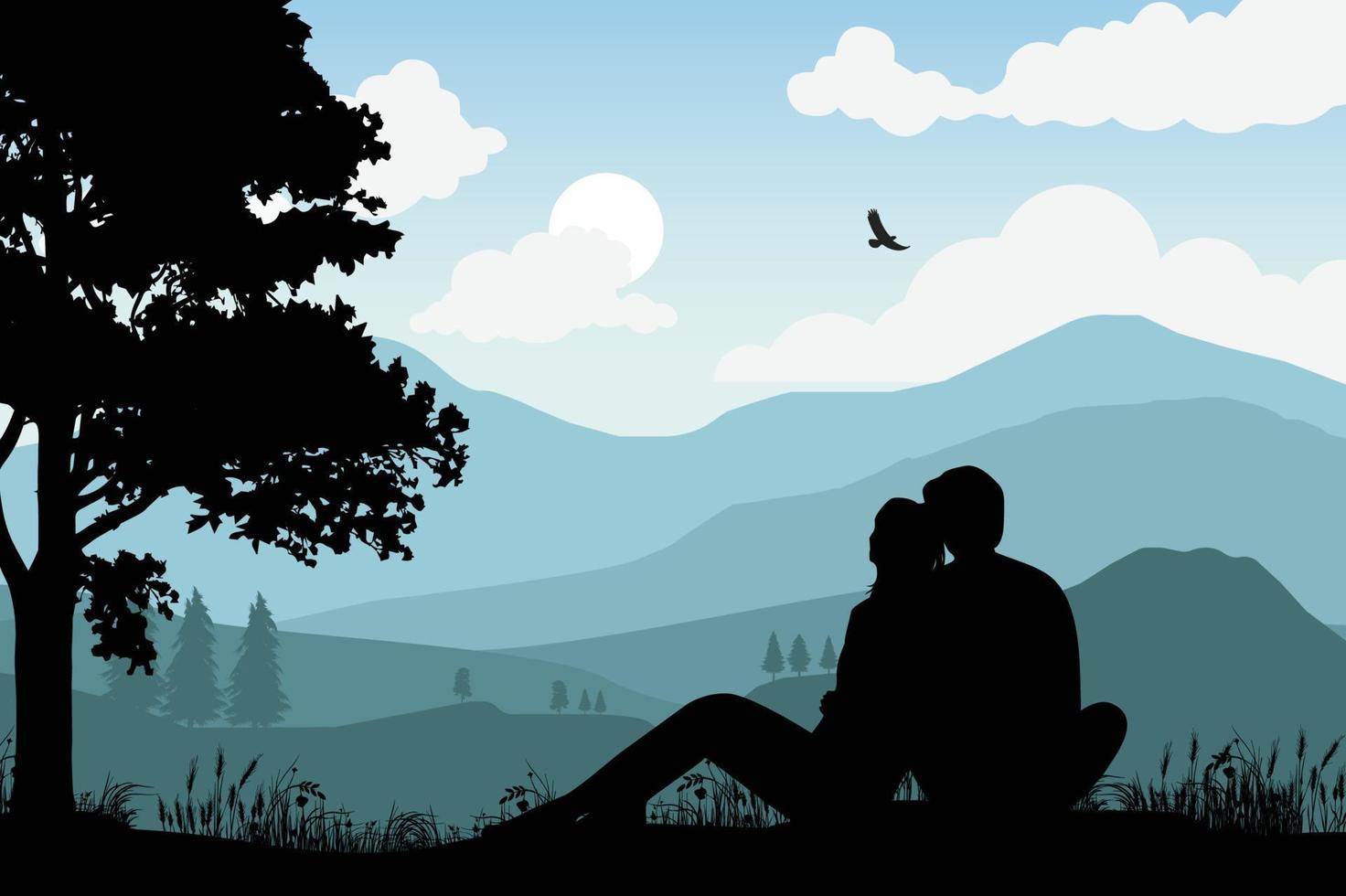 cute couple fall in love silhouette vector