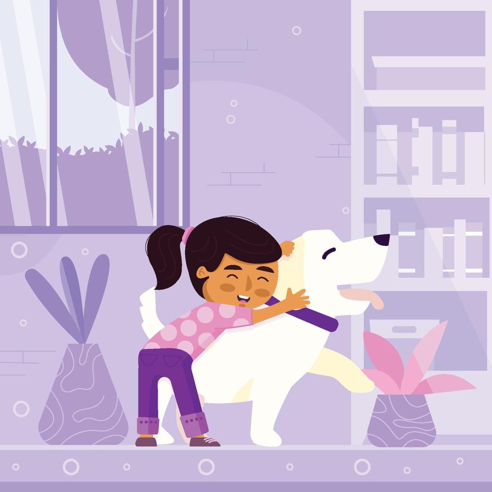 Girl Hold Tight Her Dog Inside House Concept vector