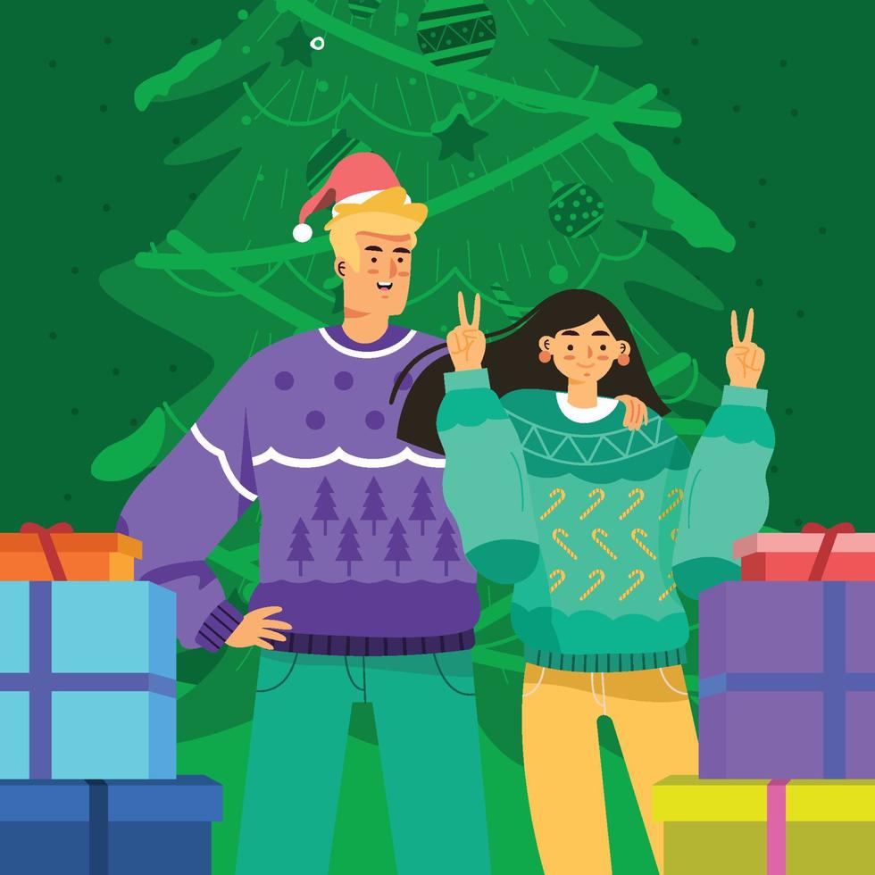 pareja usa concepto de suéter feo de navidad vector