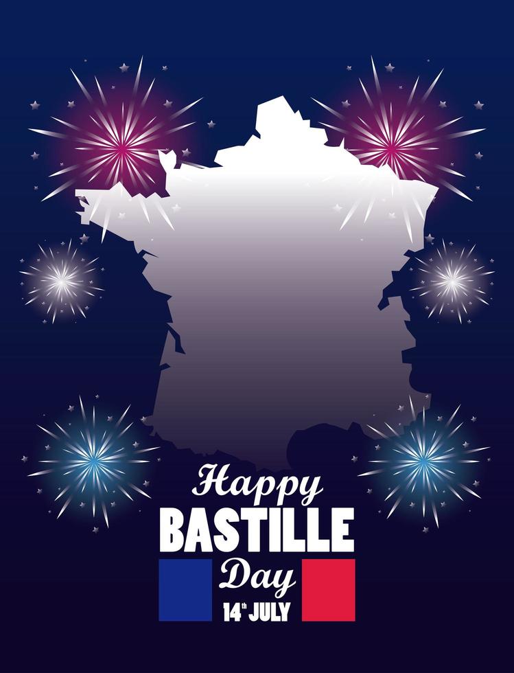 Feliz celebración del día de la bastilla con la bandera y el mapa de Francia vector