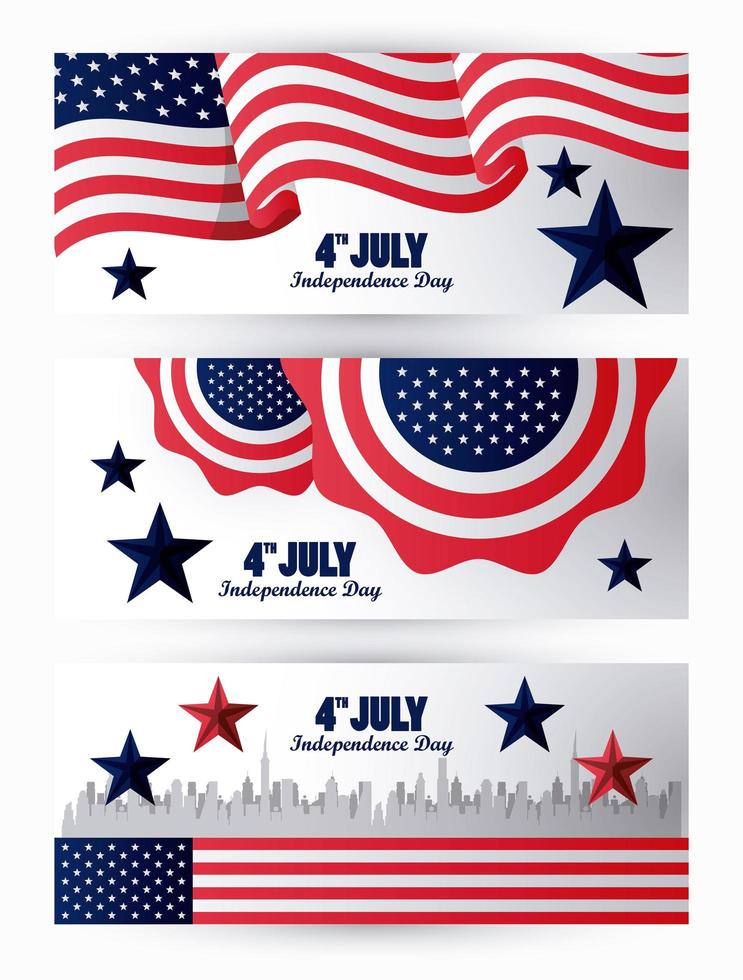 Celebración del día de la independencia de Estados Unidos del 4 de julio con bandera en encaje y paisaje urbano vector