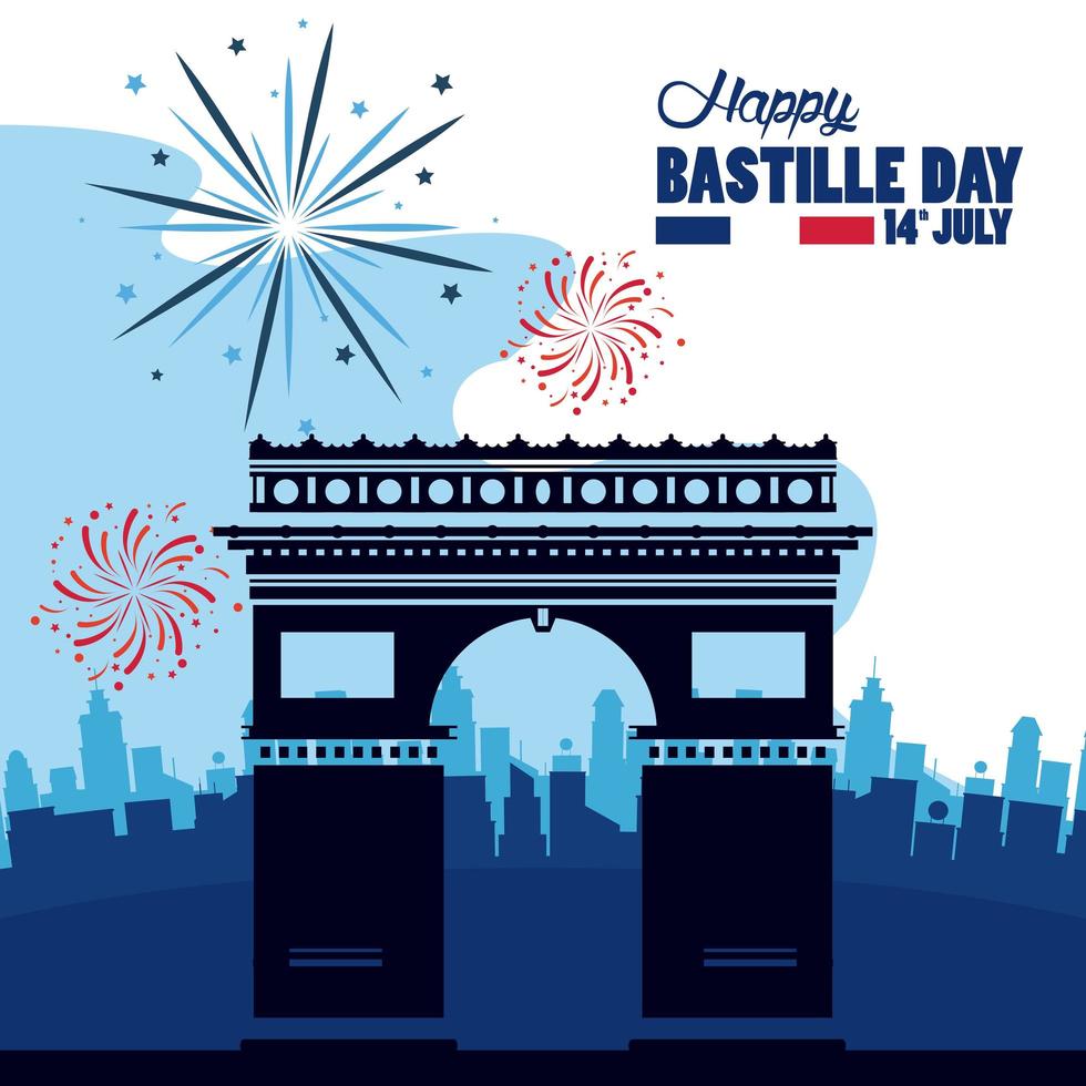 happy bastille day celebration with arch of triumph vector