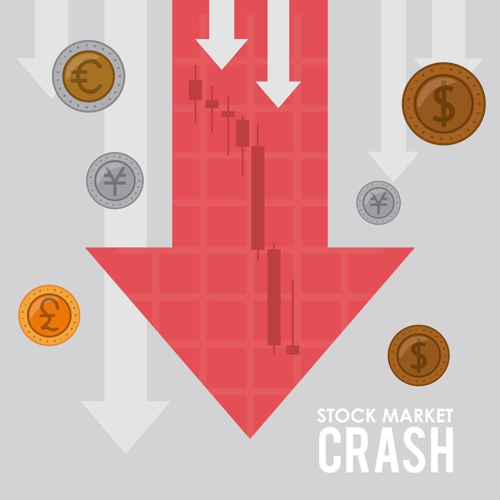 Caída del mercado de valores con monedas, dinero y flechas hacia abajo. vector