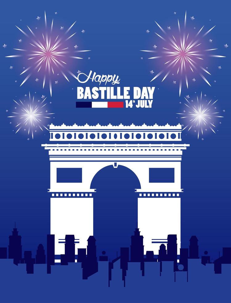 happy bastille day celebration with arch of triumph vector