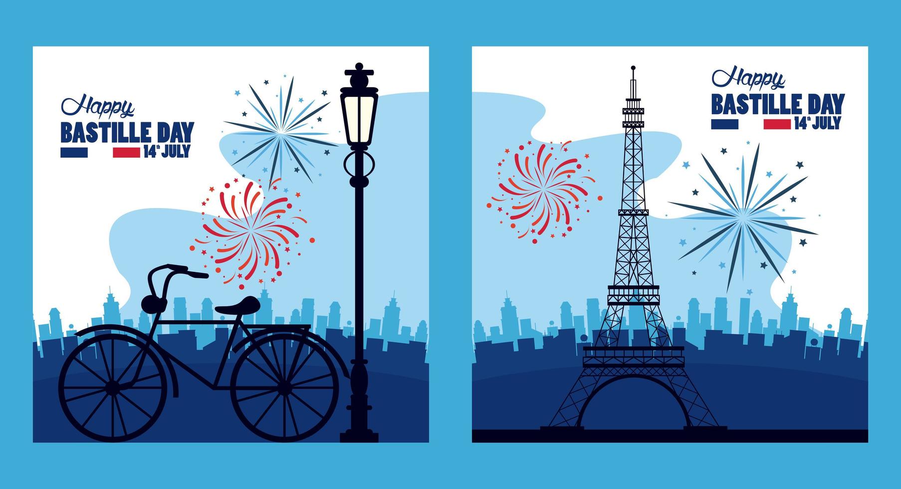 happy bastille day celebration with tower eiffel and fireworks vector