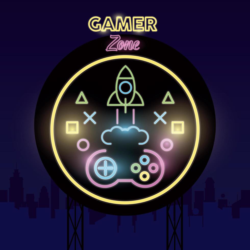 retro video game neon with rocket vector