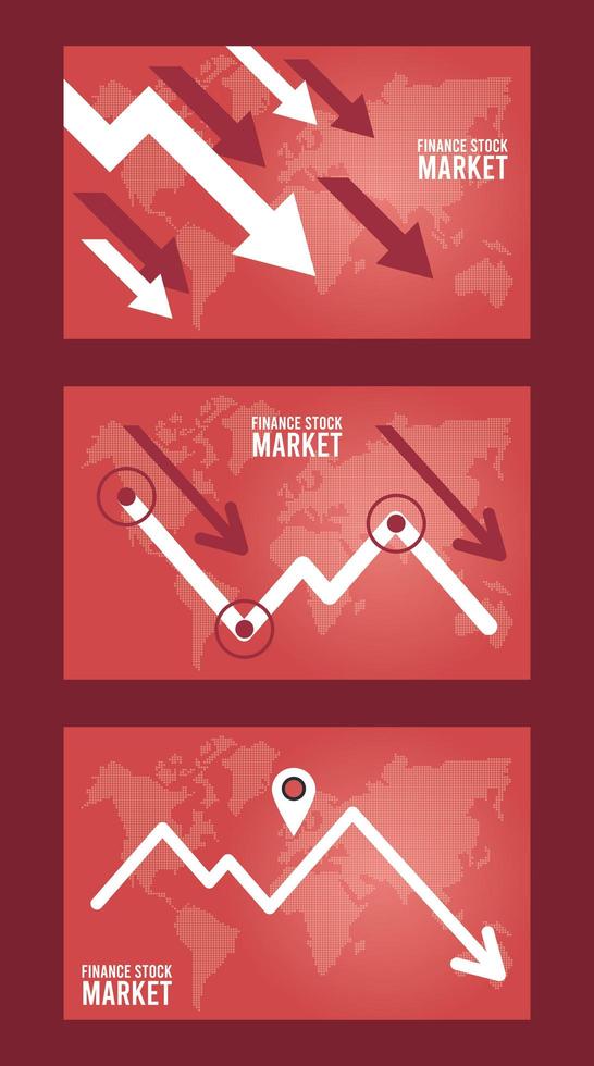 Infografía de recesión económica con flechas y mapas terrestres. vector