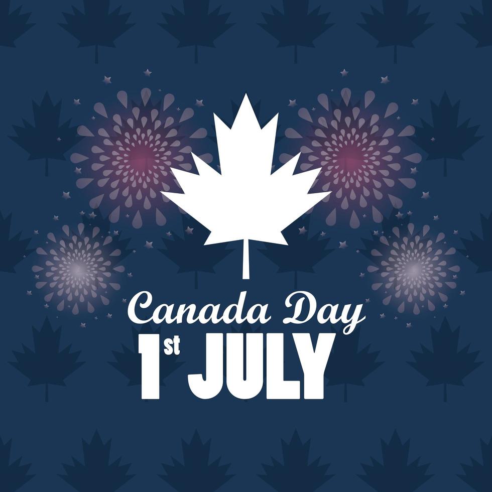 cartel de celebración del día de canadá del primer de julio con hoja de arce y fuegos artificiales vector