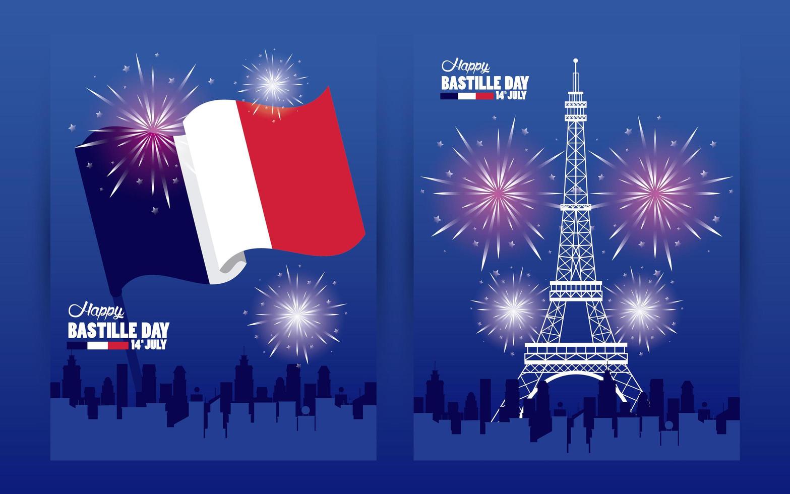 feliz celebración del día de la bastilla con la torre eiffel y fuegos artificiales vector