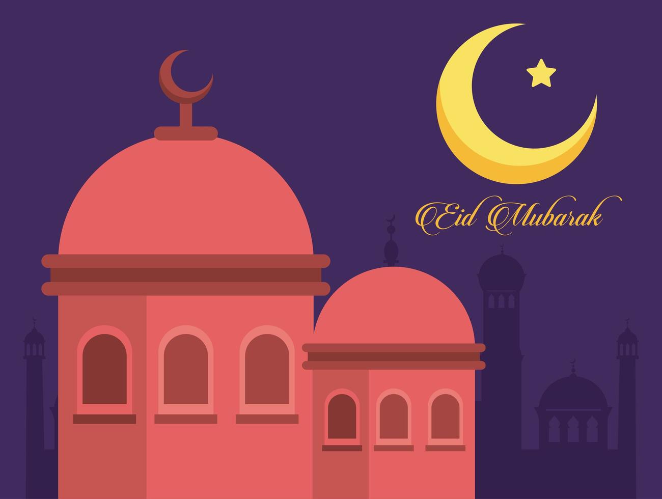 tarjeta de celebración de eid mubarak con cúpulas de mezquita y luna vector