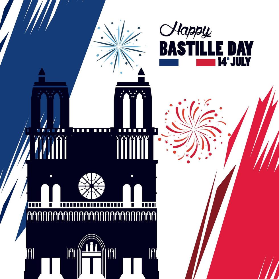 feliz celebración del día de la bastilla con la catedral de notre dame vector