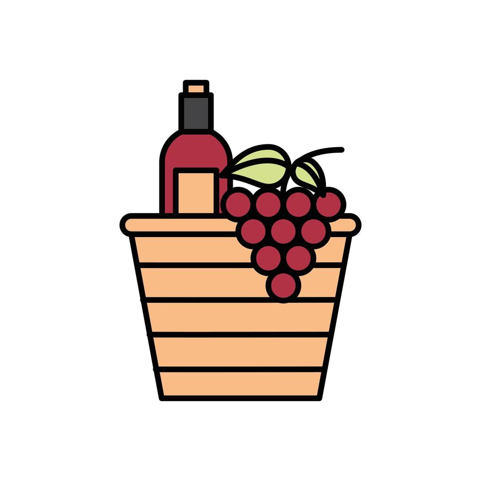 Botellas de vino con uvas en canasta de paja vector