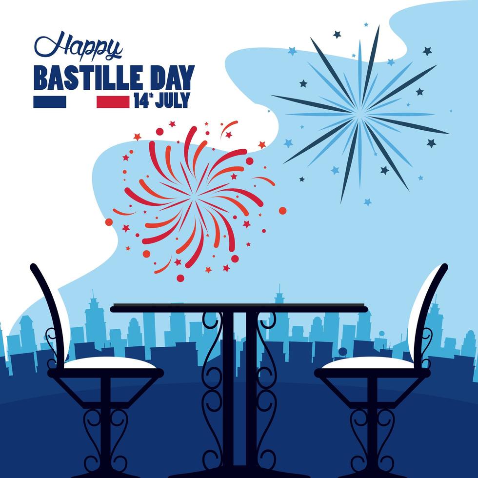 happy bastille day celebration with restaurant table and chairs vector