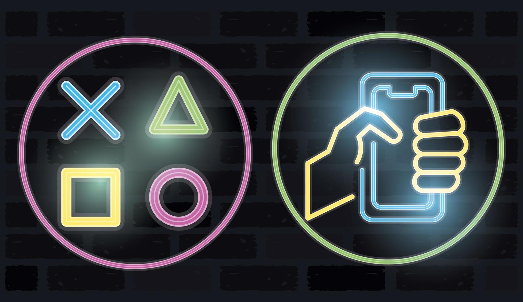 retro video game neon with hand using smartphone vector