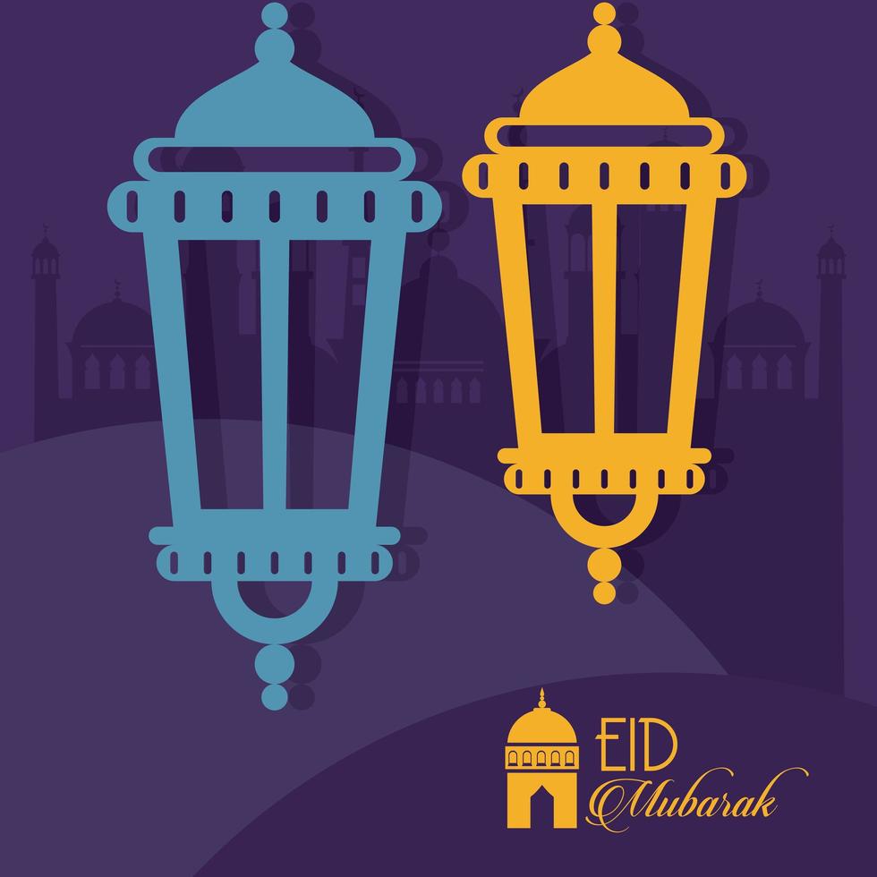 eid mubarak celebration card with lanterns hanging and mosques scene vector