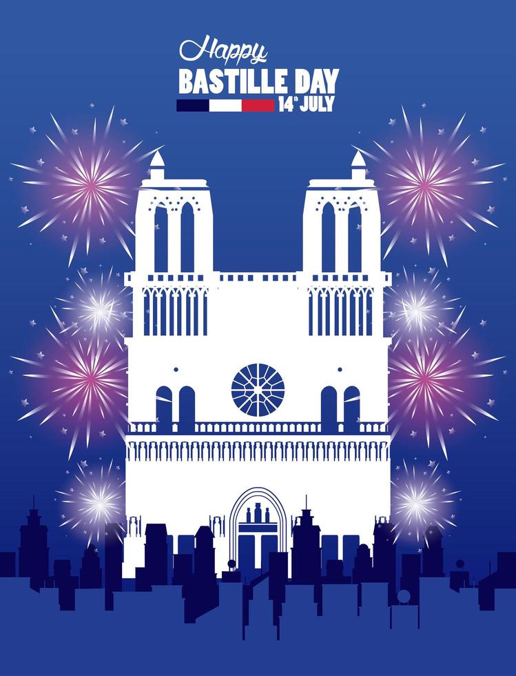 feliz celebración del día de la bastilla con la catedral de notre dame vector