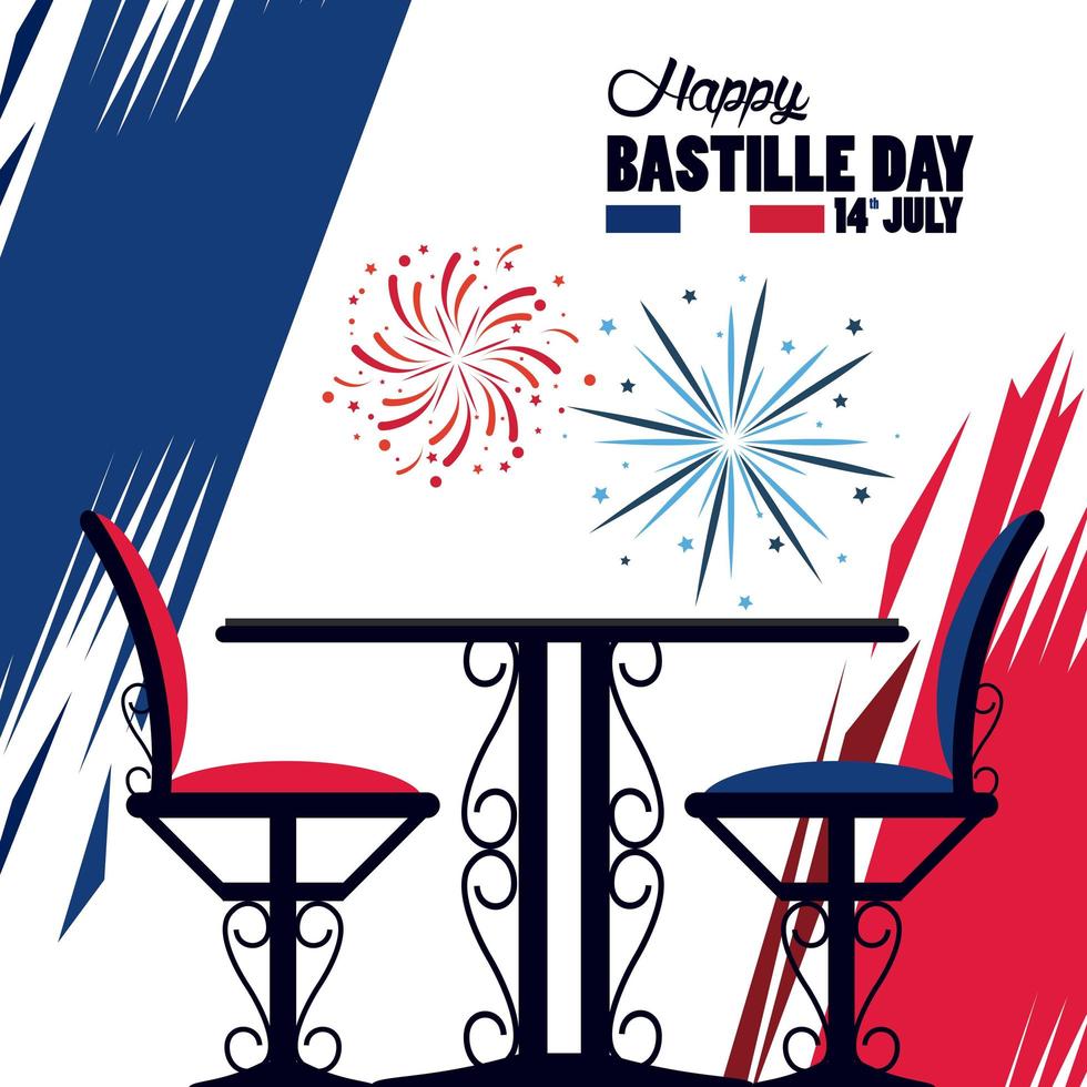 Feliz celebración del día de la bastilla con mesa y sillas de restaurante vector