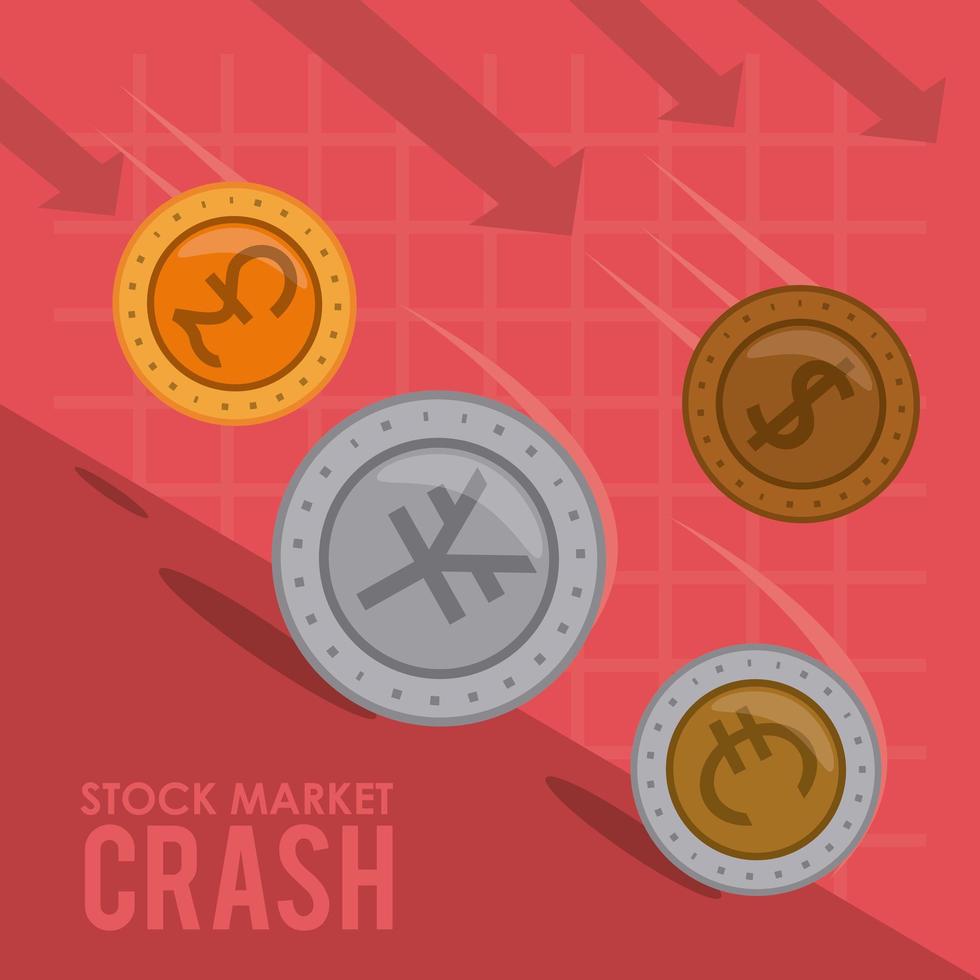 Caída del mercado de valores con monedas, dinero y flechas hacia abajo. vector