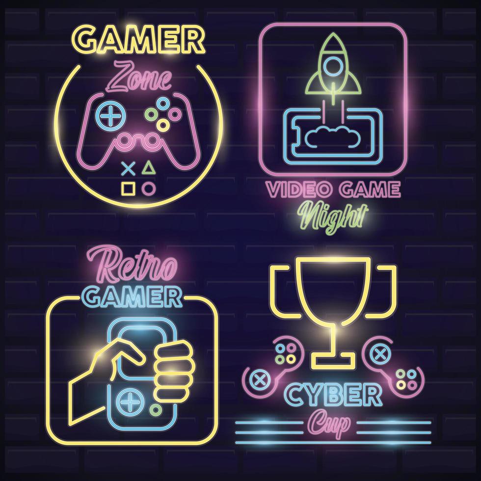 retro video game neon bundle set icons vector