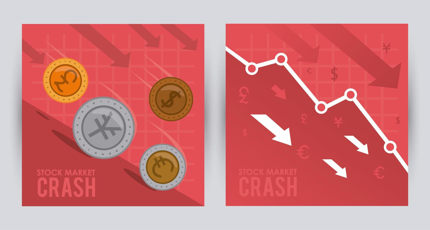 stock market crash with coins money and arrows down vector