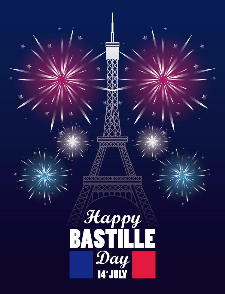 feliz celebración del día de la bastilla con la torre eiffel y fuegos artificiales vector