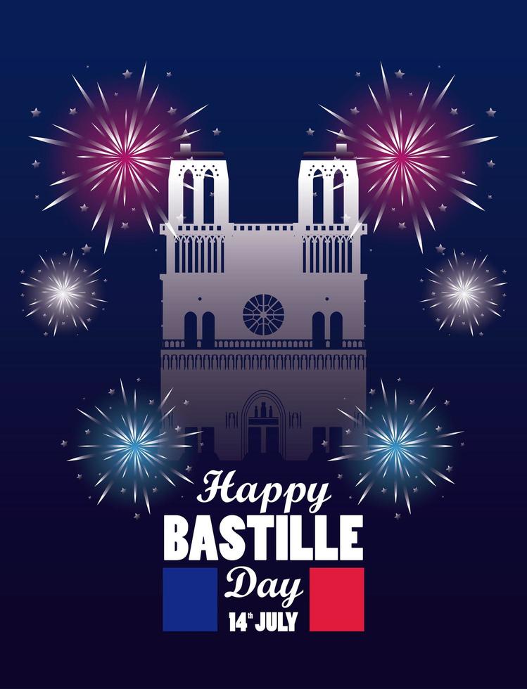 feliz celebración del día de la bastilla con la catedral de notre dame vector