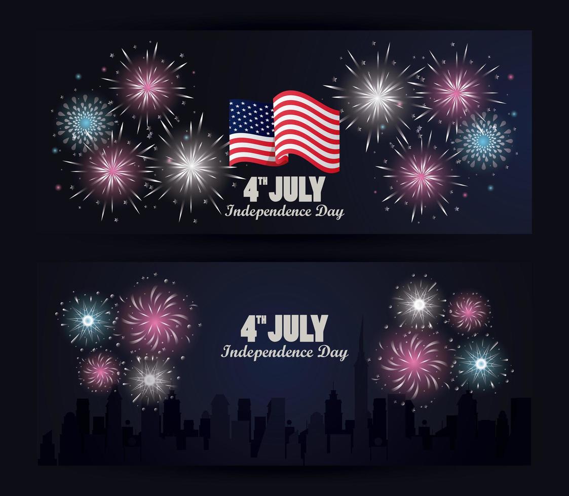 fourth july usa independence day celebration with flag and fireworks vector