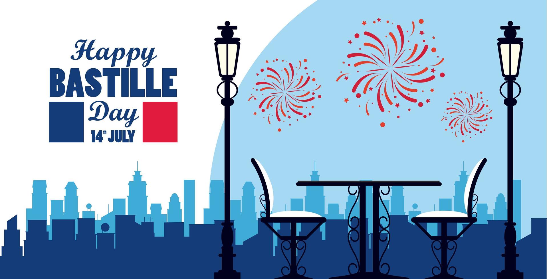 happy bastille day celebration with restaurant table and chairs vector