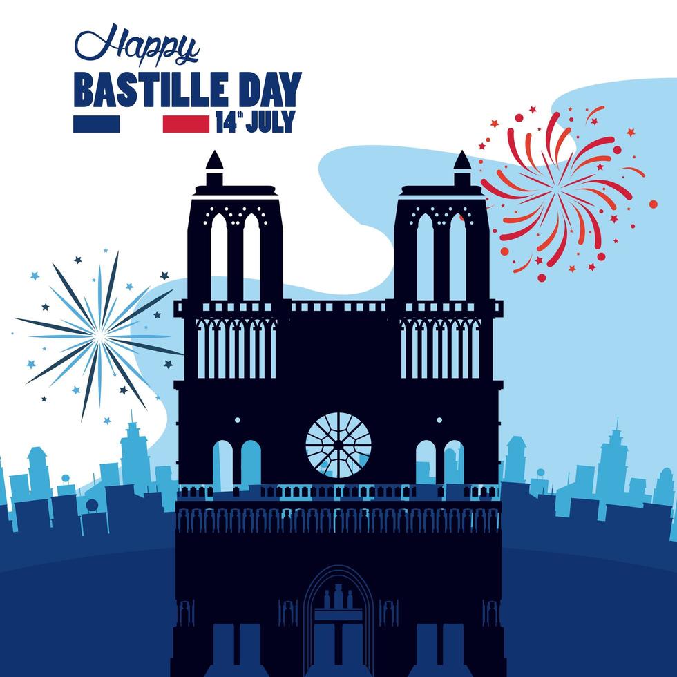 happy bastille day celebration with Notre Dame Cathedral vector