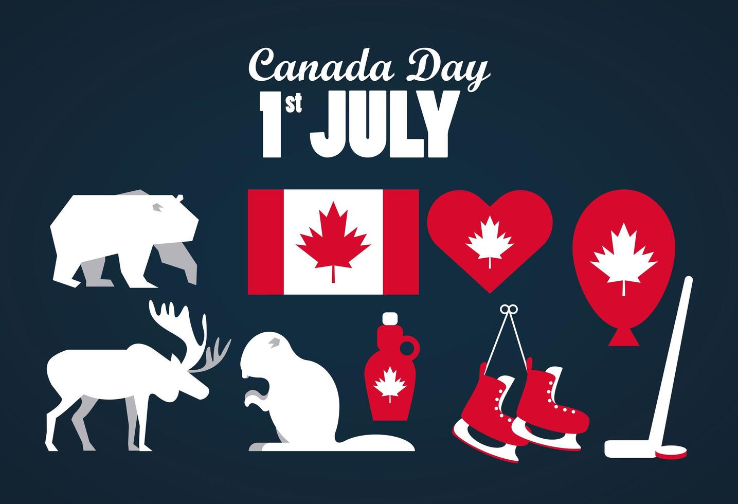 primer cartel de celebración del día de canadá de julio con bandera y establecer iconos vector