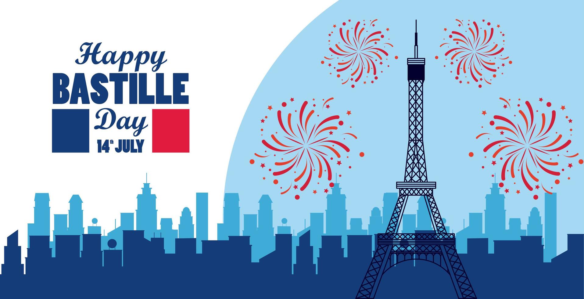 happy bastille day celebration with tower eiffel and fireworks vector