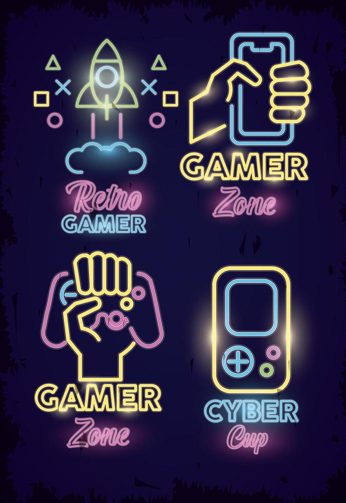 retro video game neon bundle set icons vector