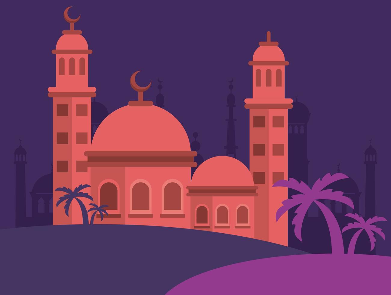 tarjeta de celebración de eid mubarak con escena de construcción de mezquita vector