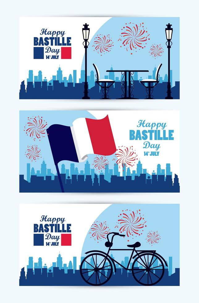 happy bastille day celebration with flag and bicycle vector