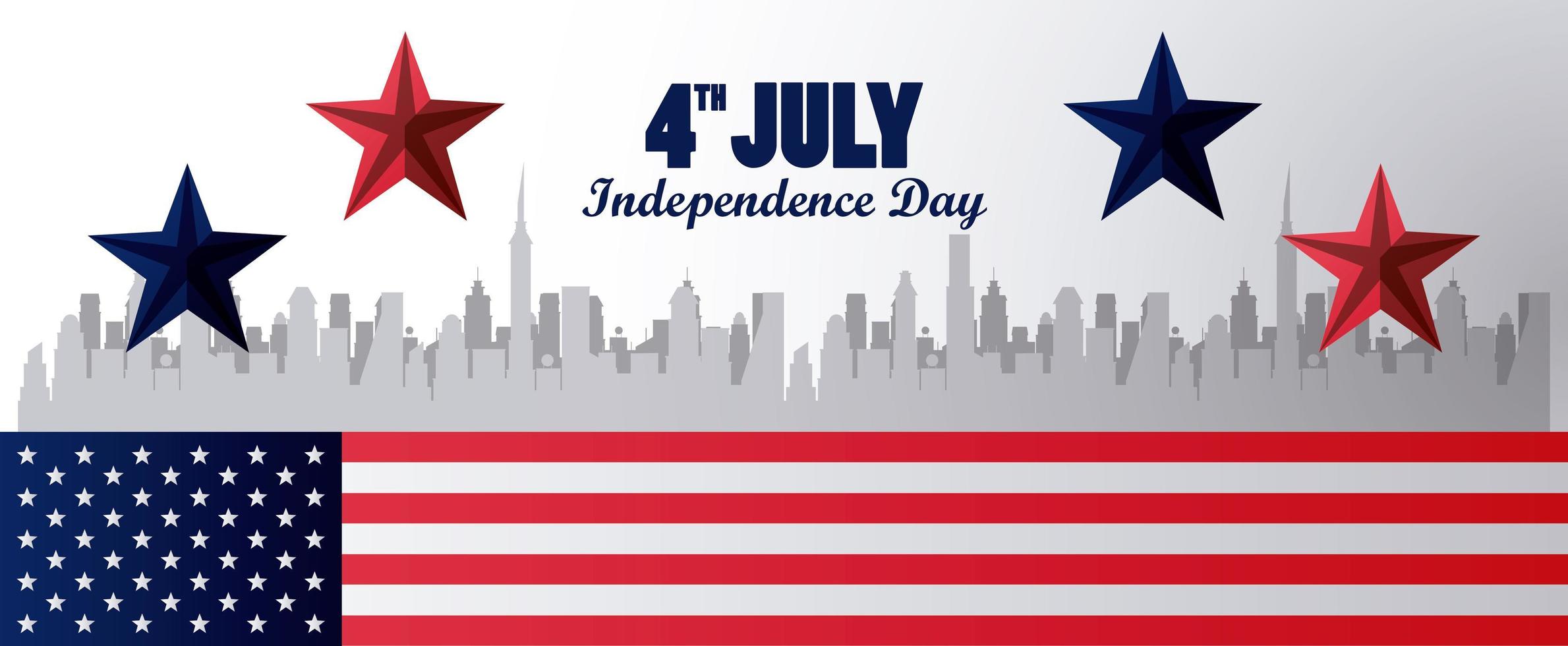 Celebración del día de la independencia de Estados Unidos del 4 de julio con bandera y paisaje urbano vector