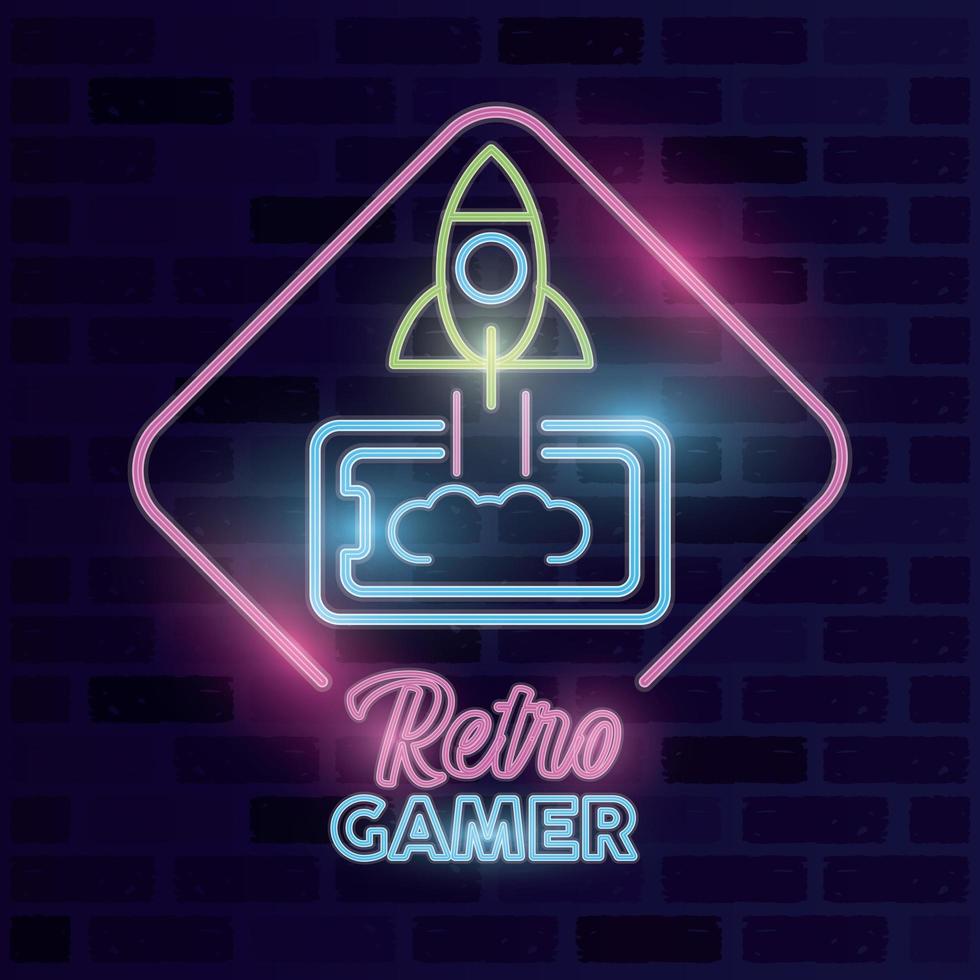 retro video game neon with rocket vector