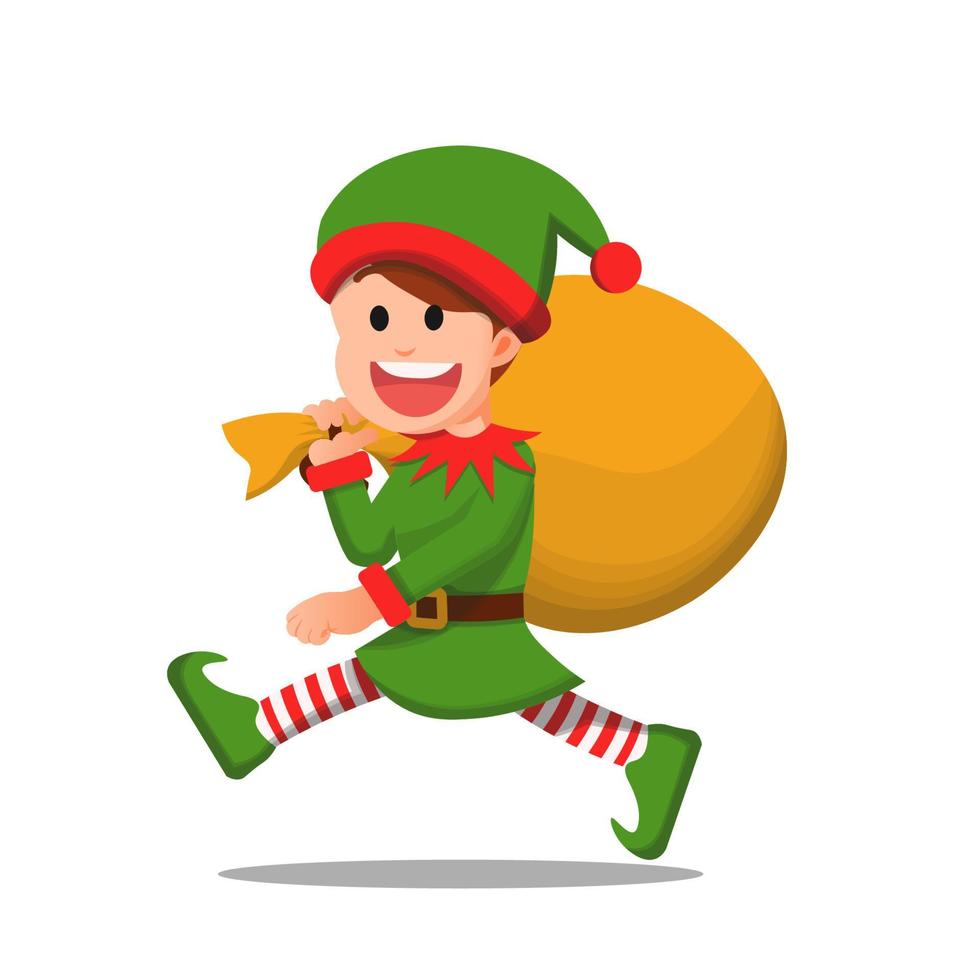 Boy with elf attribute carrying a large sack filled with gifts vector